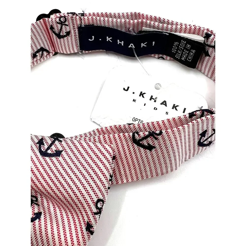J. Khaki Necktie - NWT- Kids Bow Tie Nautical Anchor Red Stripe Boys Silk Adj.
